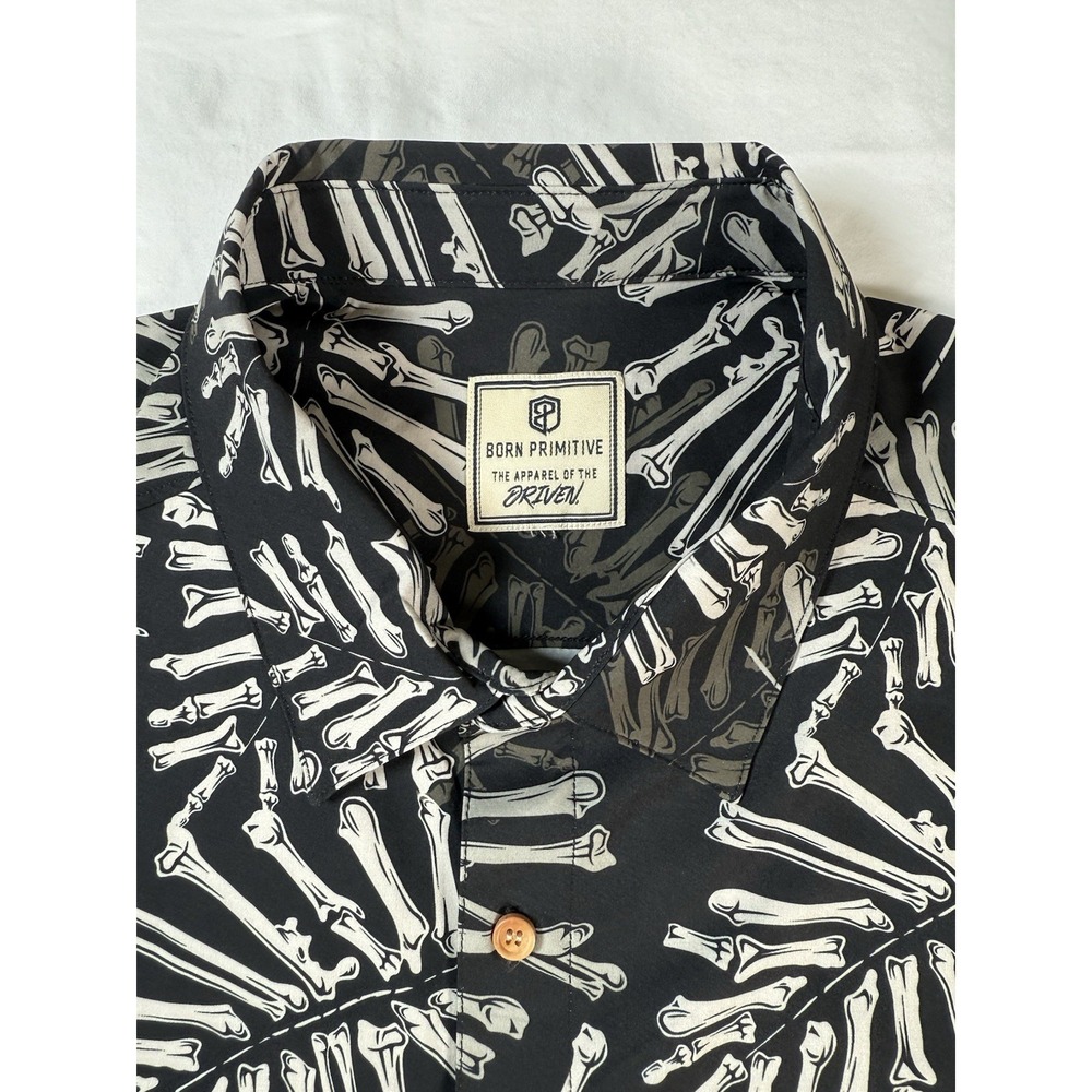 Born Primitive Voyager Shirt M Black Bones Palm Leaf Print Short Sleeve